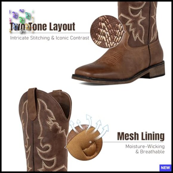 Square Toe Mid Calf Cowboy Boots Embroidered Western Fashion Chunky Heel - Picture 6 of 7